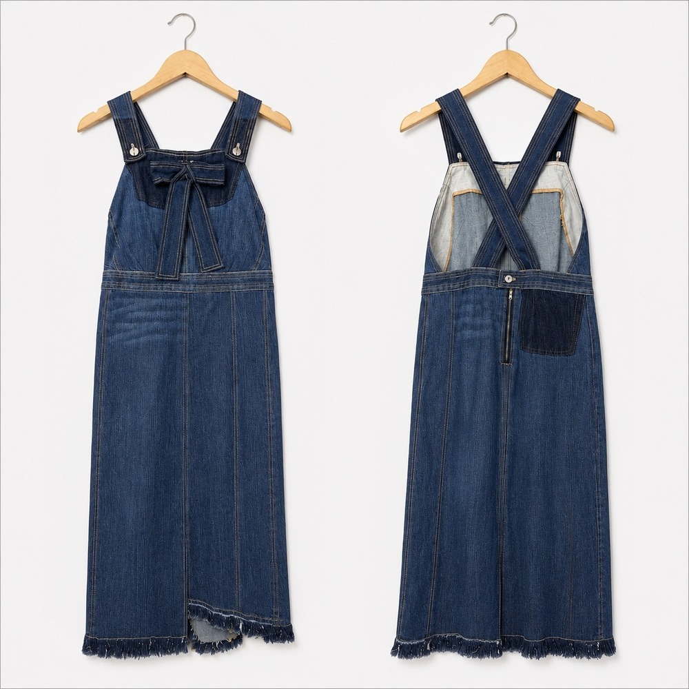 Lucky Brand Denim Pinafore Dress Bow Front Raw Asymmetrical Hem Cross Back M/L